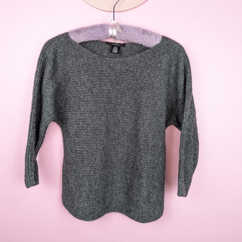 Ann Taylor Petite With Cashmere Gray Wool Cashmere Blend Knit 3/4 Sleeve Sweater